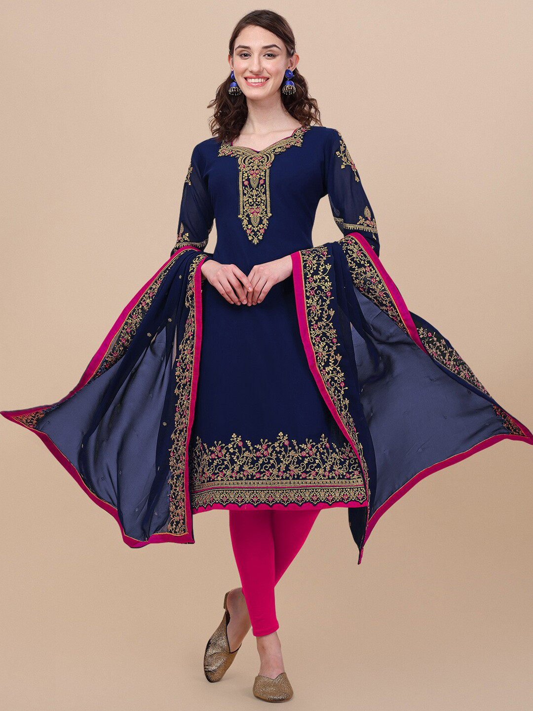 

KALINI Ethnic Motifs Embroidered Thread Work Detailed Semi-Stitched Dress Material, Navy blue