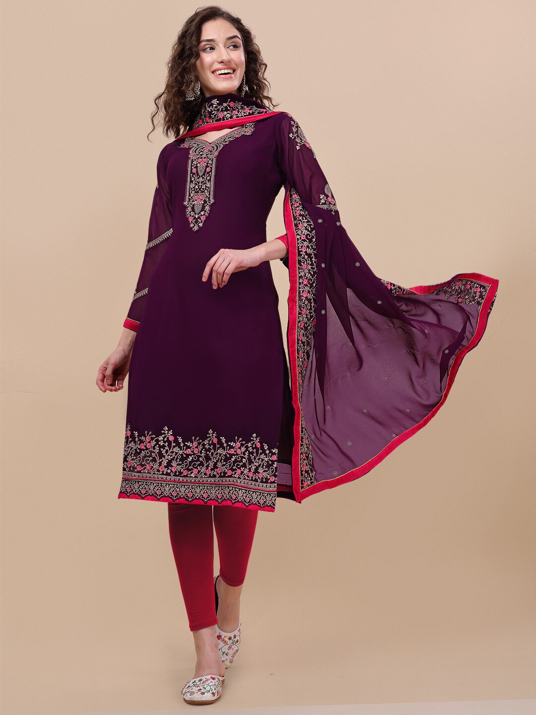 

KALINI Floral Embroidered Semi-Stitched Dress Material, Purple