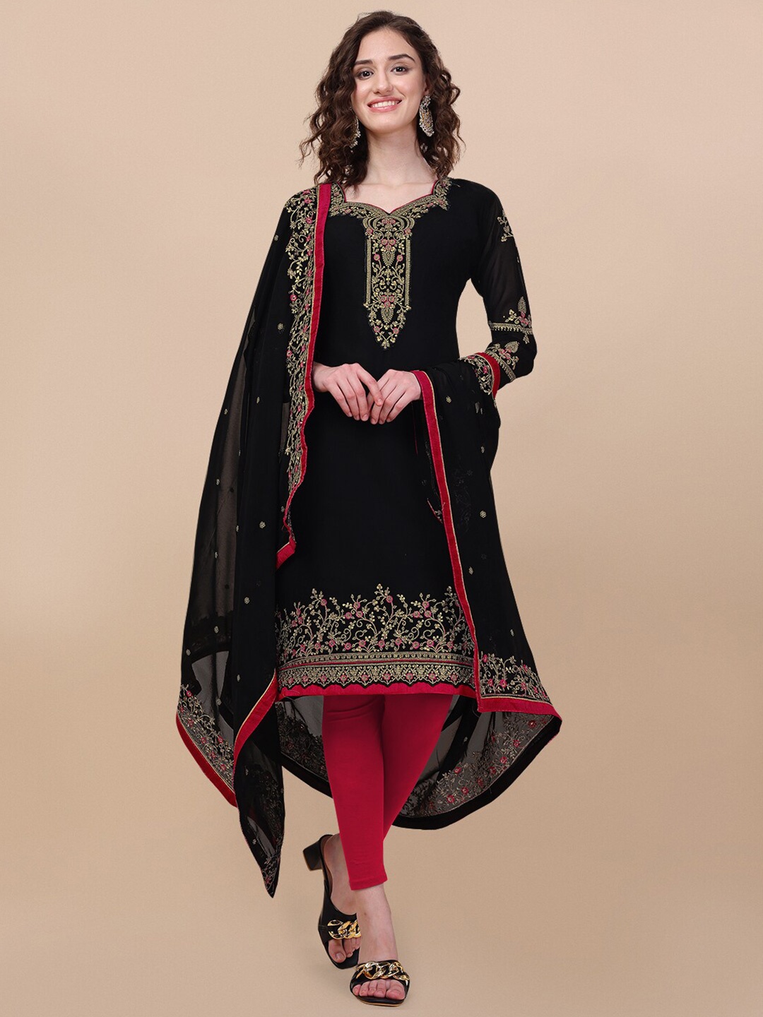 

KALINI Ethnic Motifs Embroidered Thread Work Detailed Semi-Stitched Dress Material, Black