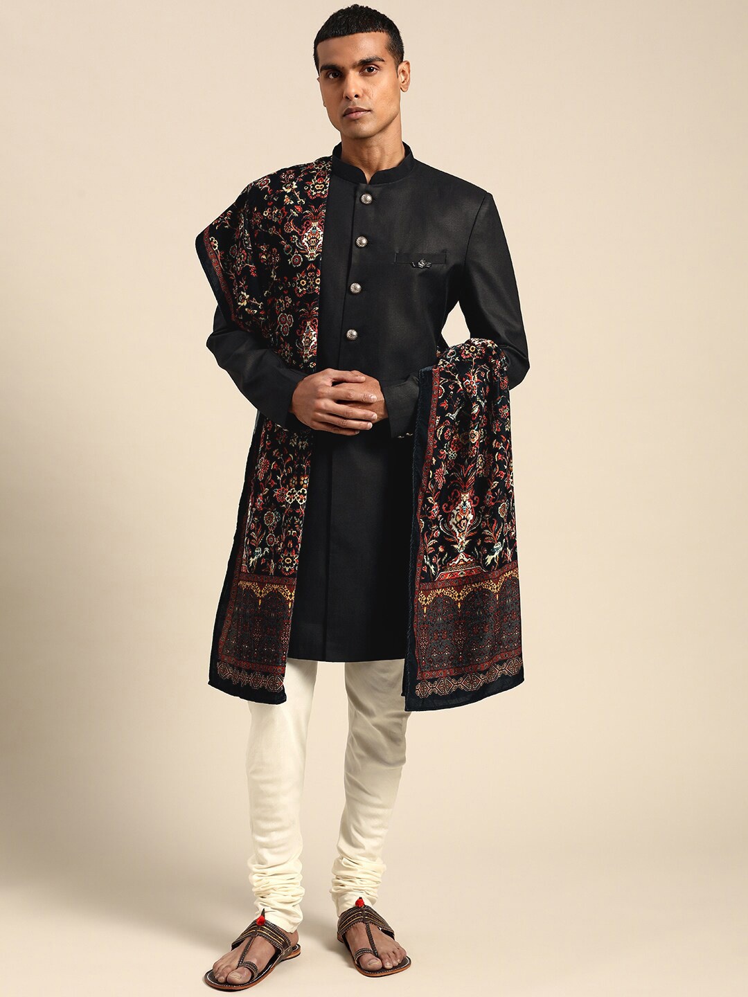 

KISAH Men Floral Printed Velvet Dupatta, Black