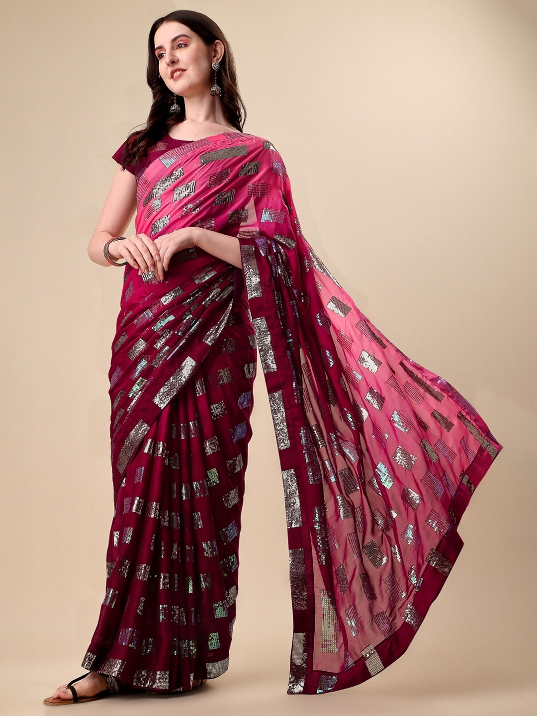 

KALINI Embellished Sequinned Rangoli Silk Saree, Pink