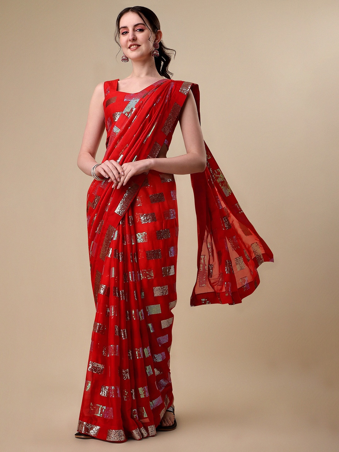 

KALINI Embellished Sequinned Saree, Red