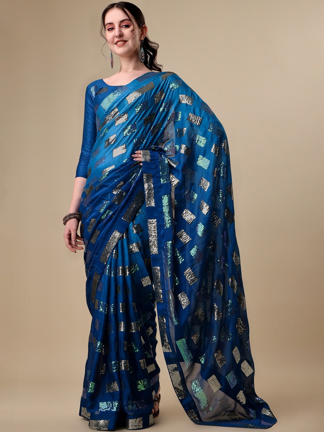 

KALINI Embellished Sequinned Rangoli Silk Saree, Teal
