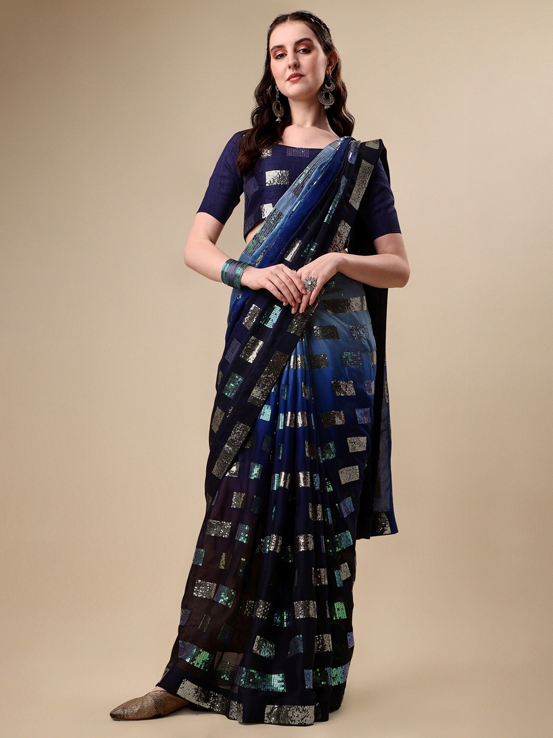 

KALINI Embellished Sequinned Rangoli Silk Saree, Blue
