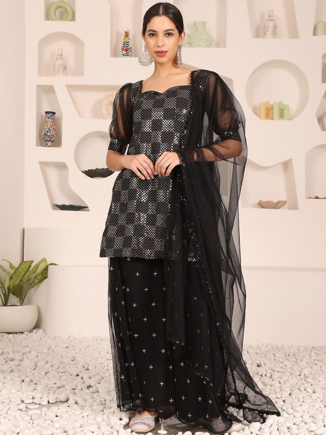 

Ethnovog Embellished Kurta With Sharara & Dupatta, Black