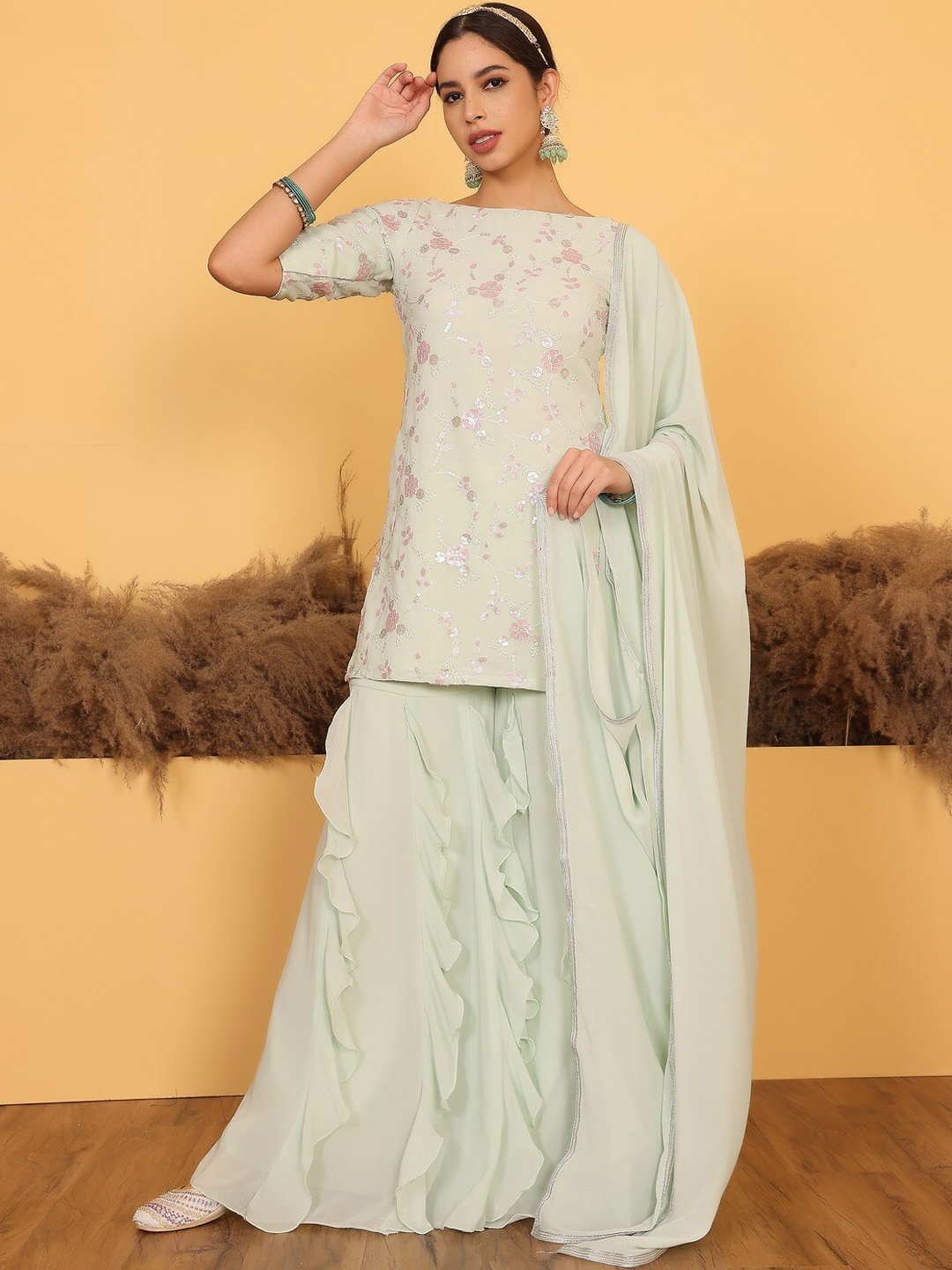 

Ethnovog Floral Embroidered Sequined Straight Kurti With Ruffled Sharara & Dupatta, Green