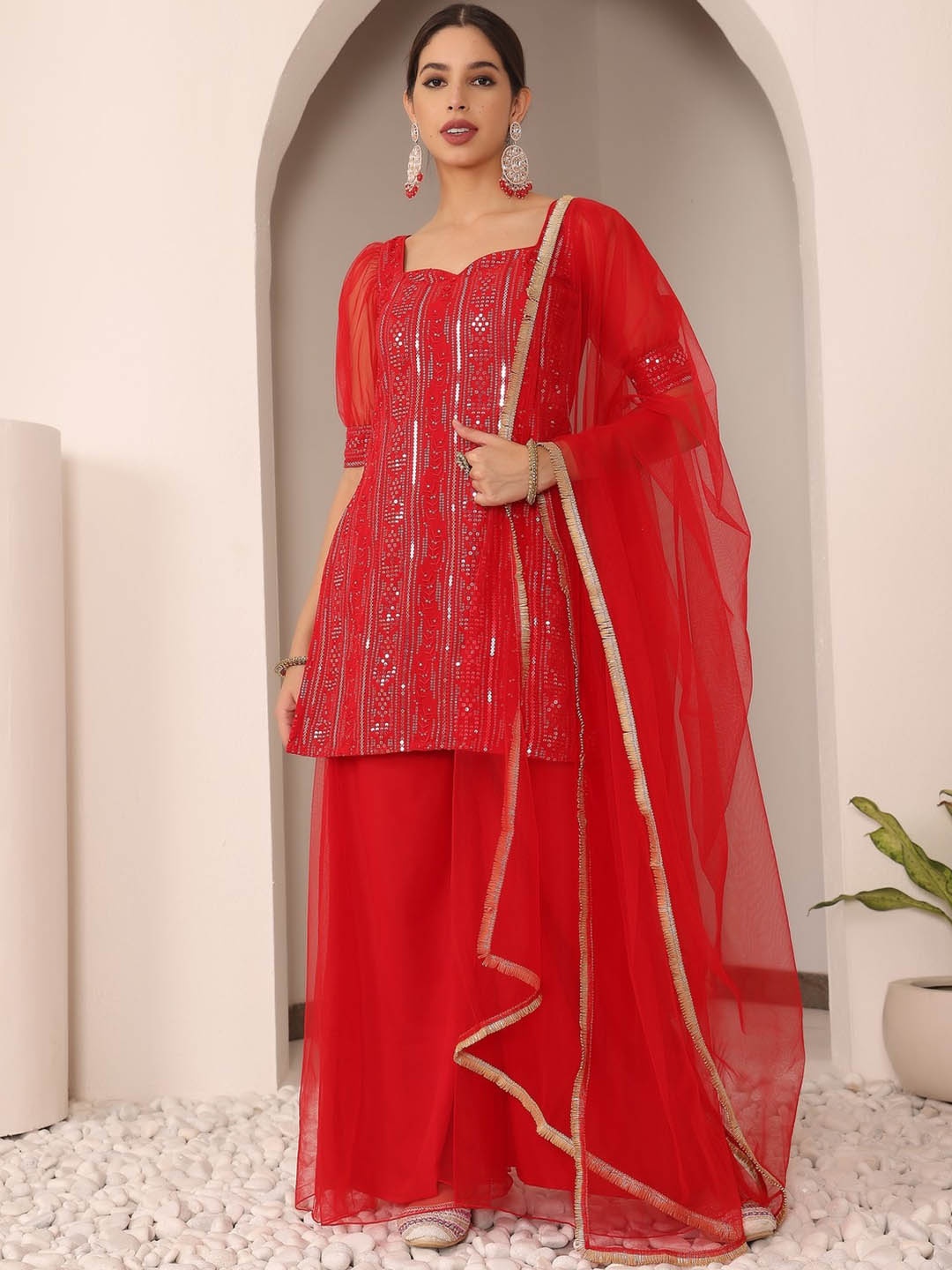 

Ethnovog Sequin Embellished Sweetheart Neck Straight Kurta & Palazzos With Dupatta, Red