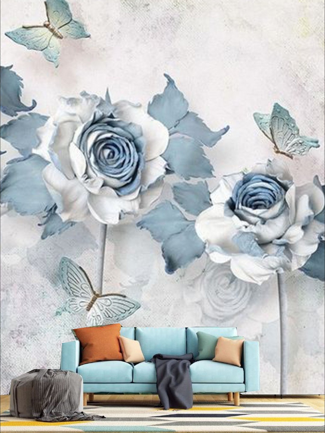 

KSHIRSA White & Blue Floral Printed Self Adhesive Removable Wallpaper