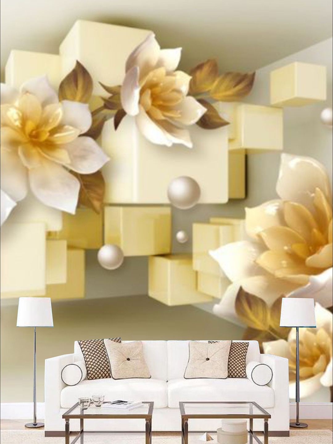 

KSHIRSA White & Beige Floral Printed Self Adhesive Removable Wallpaper