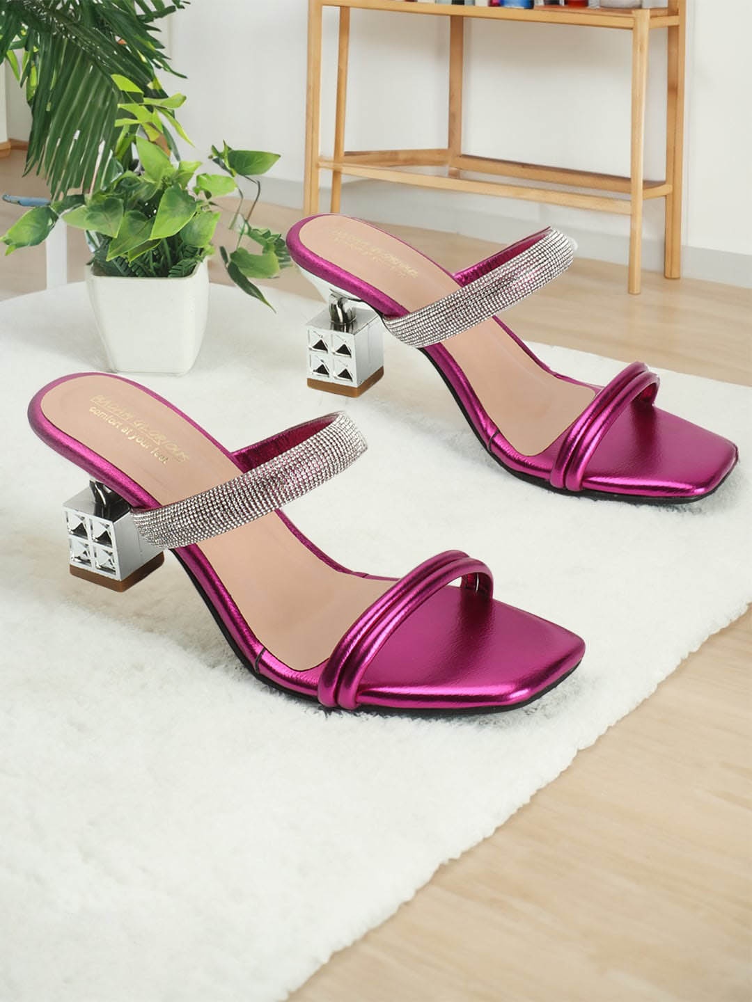 

madam glorious Embellished Double Strap Block Heels, Pink