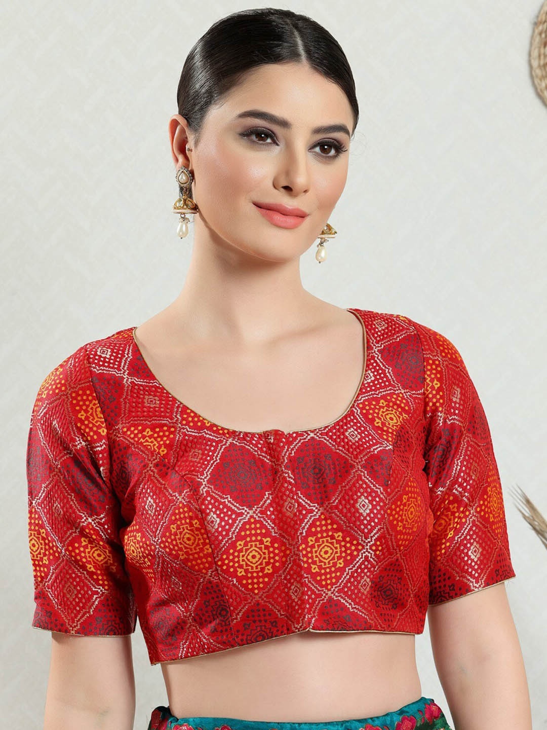 

SALWAR STUDIO Woven Design Zari Brocade Padded Saree Blouse, Red