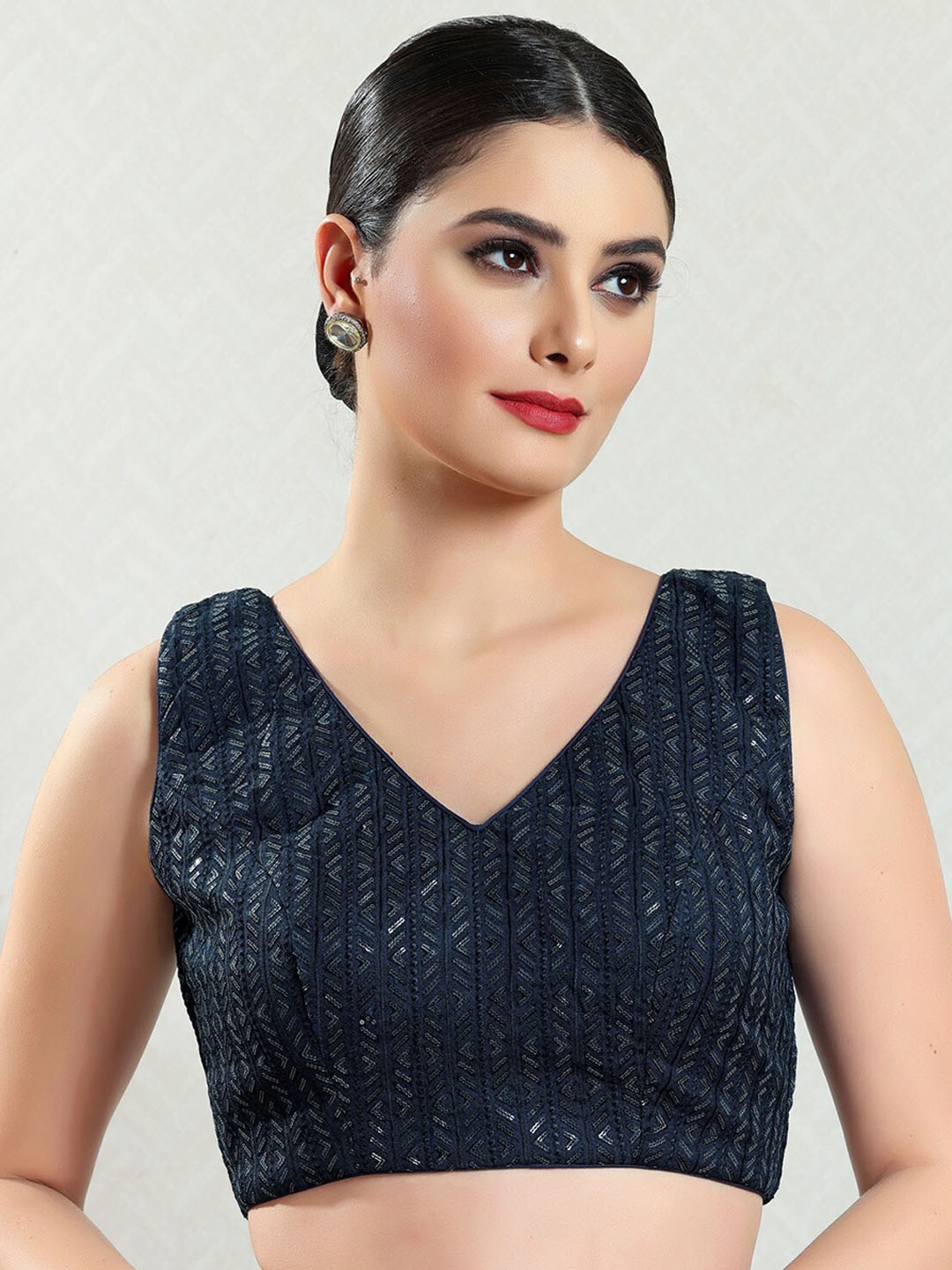 

SALWAR STUDIO Embroidered V-Neck Sequinned Brocade Saree Blouse, Navy blue
