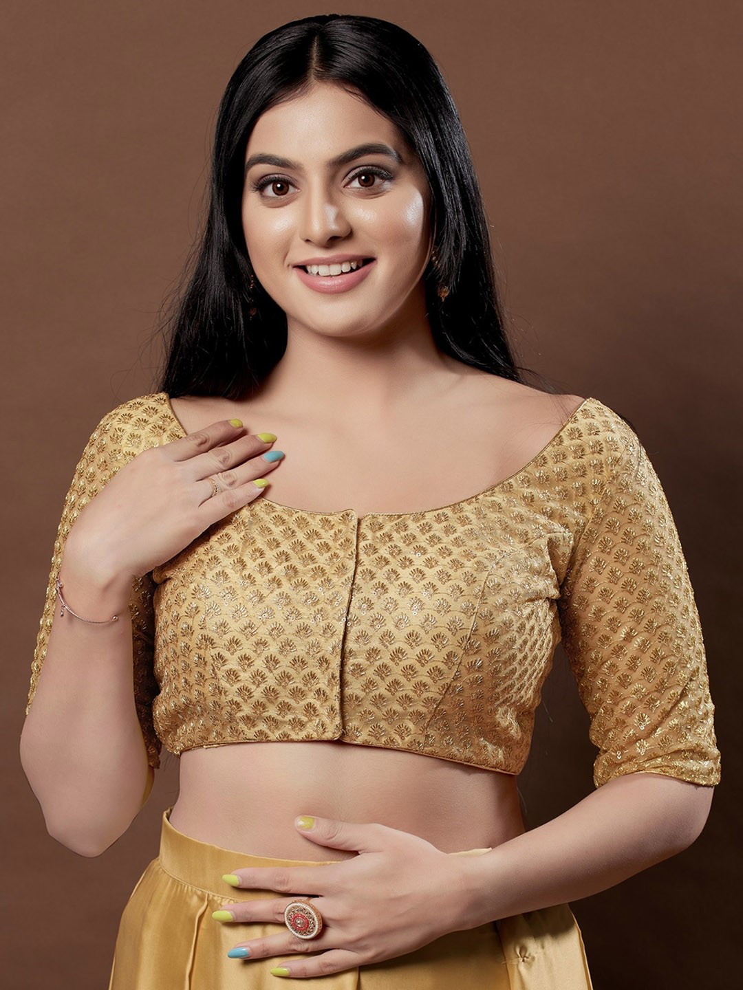 

SALWAR STUDIO Embroidered Sequinned Silk Saree Blouse, Gold