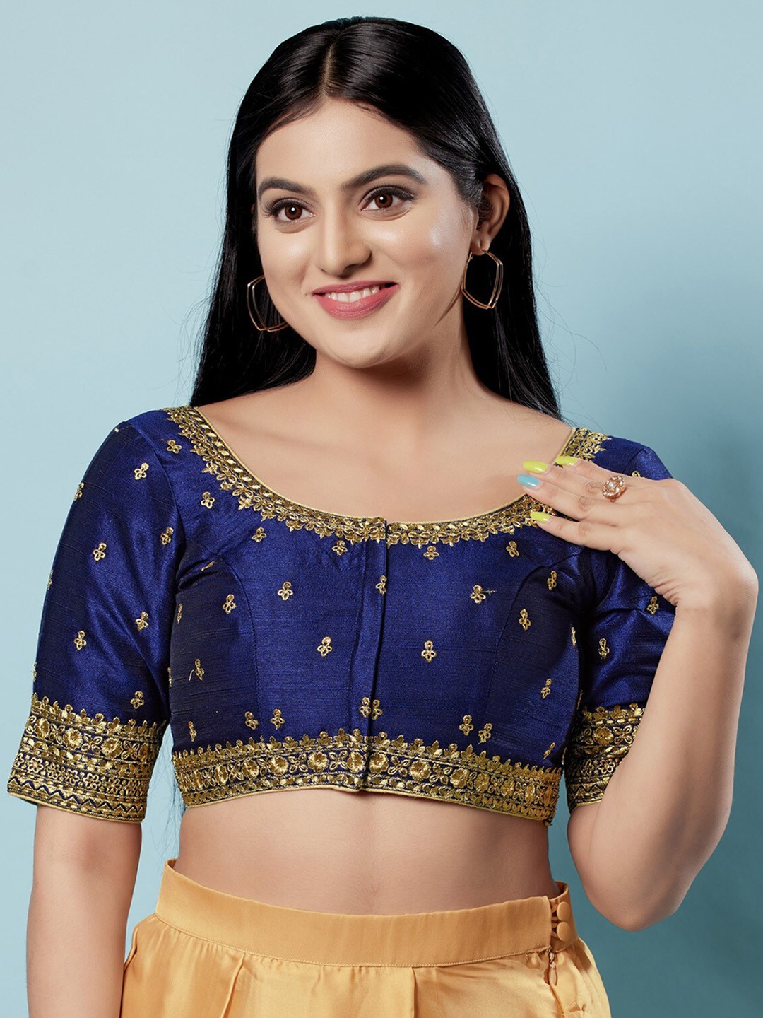 

SALWAR STUDIO Embroidered Silk Padded Saree Blouse, Navy blue
