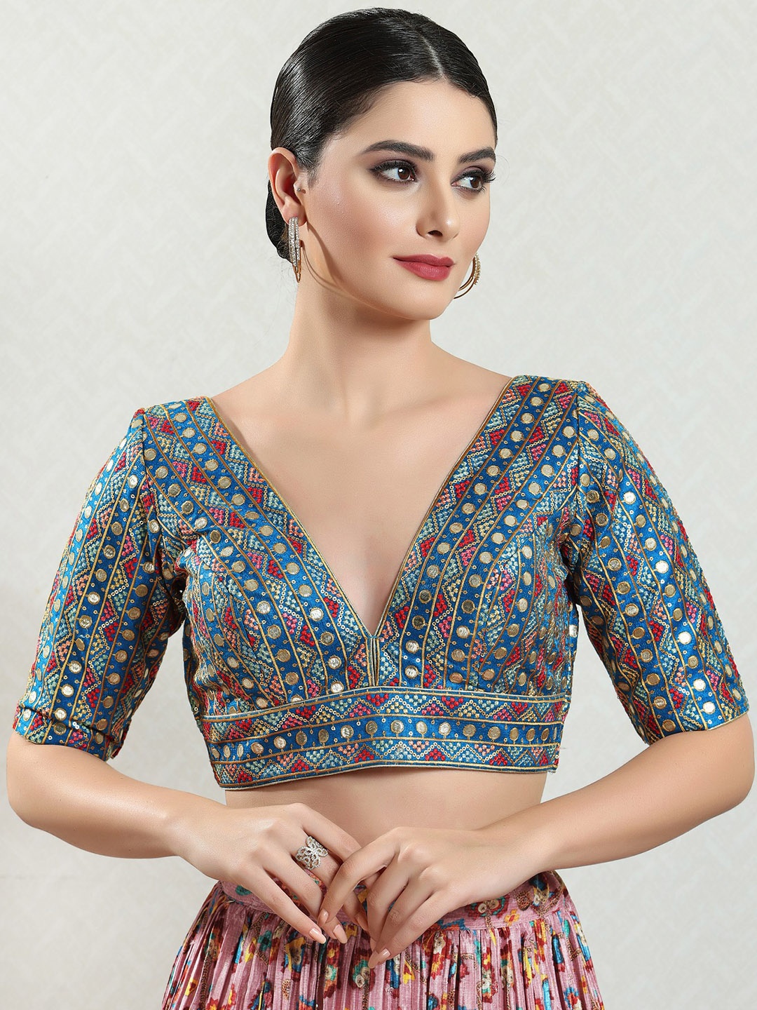 

SALWAR STUDIO Embroidered V-Neck Silk Saree Blouse, Blue