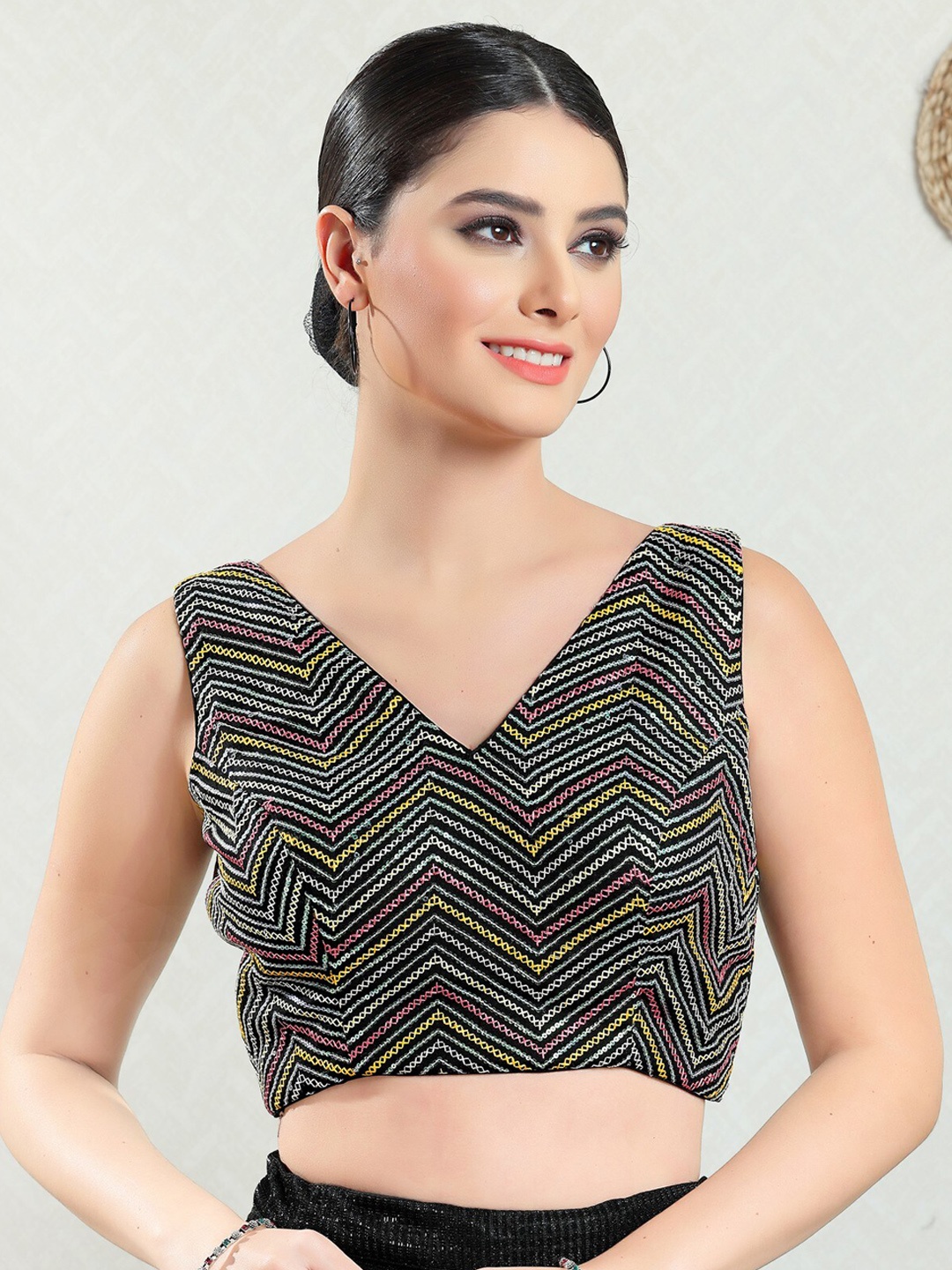 

SALWAR STUDIO Embroidered Silk Saree Blouse, Black