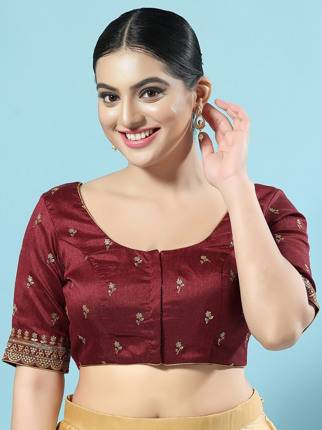 

SALWAR STUDIO Embroidered Silk Saree Blouse, Maroon