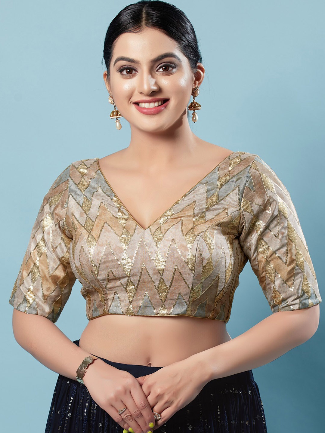 

SALWAR STUDIO Embellished Silk Saree Blouse, Gold