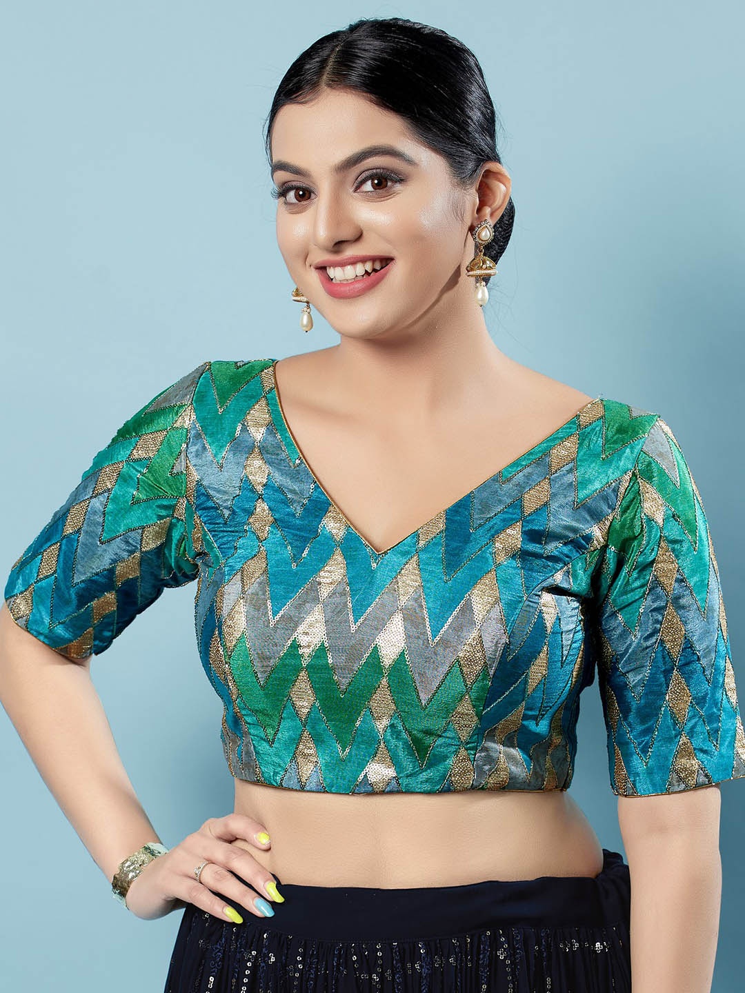 

SALWAR STUDIO Embellished Silk Saree Blouse, Green
