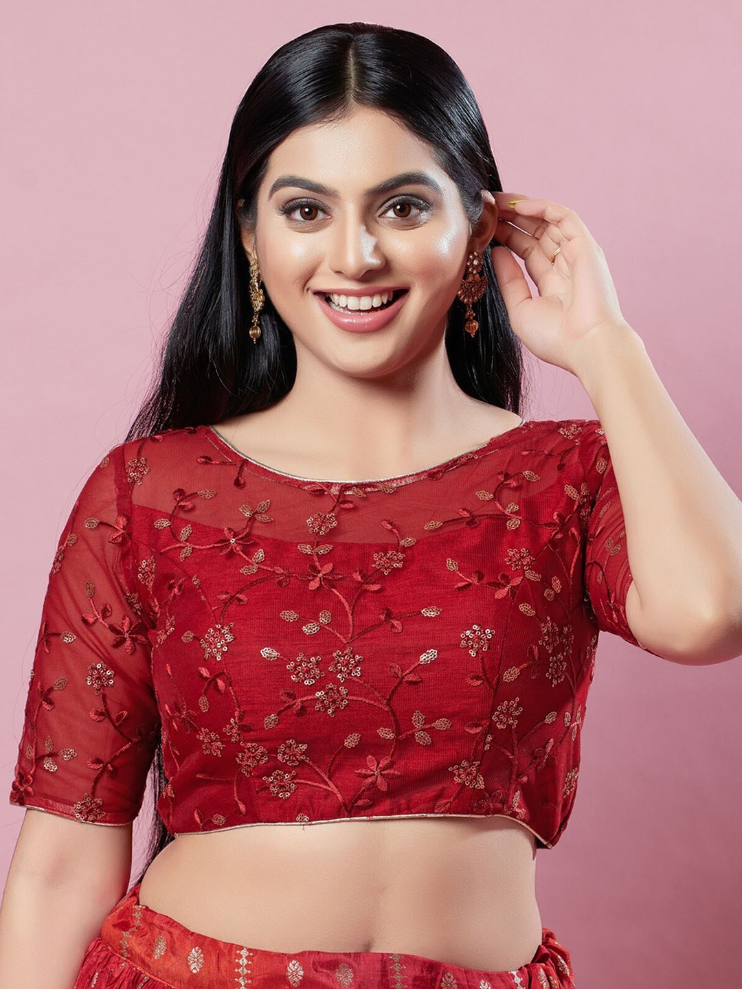 

SALWAR STUDIO Embroidered Sequined Silk Saree Blouse, Maroon