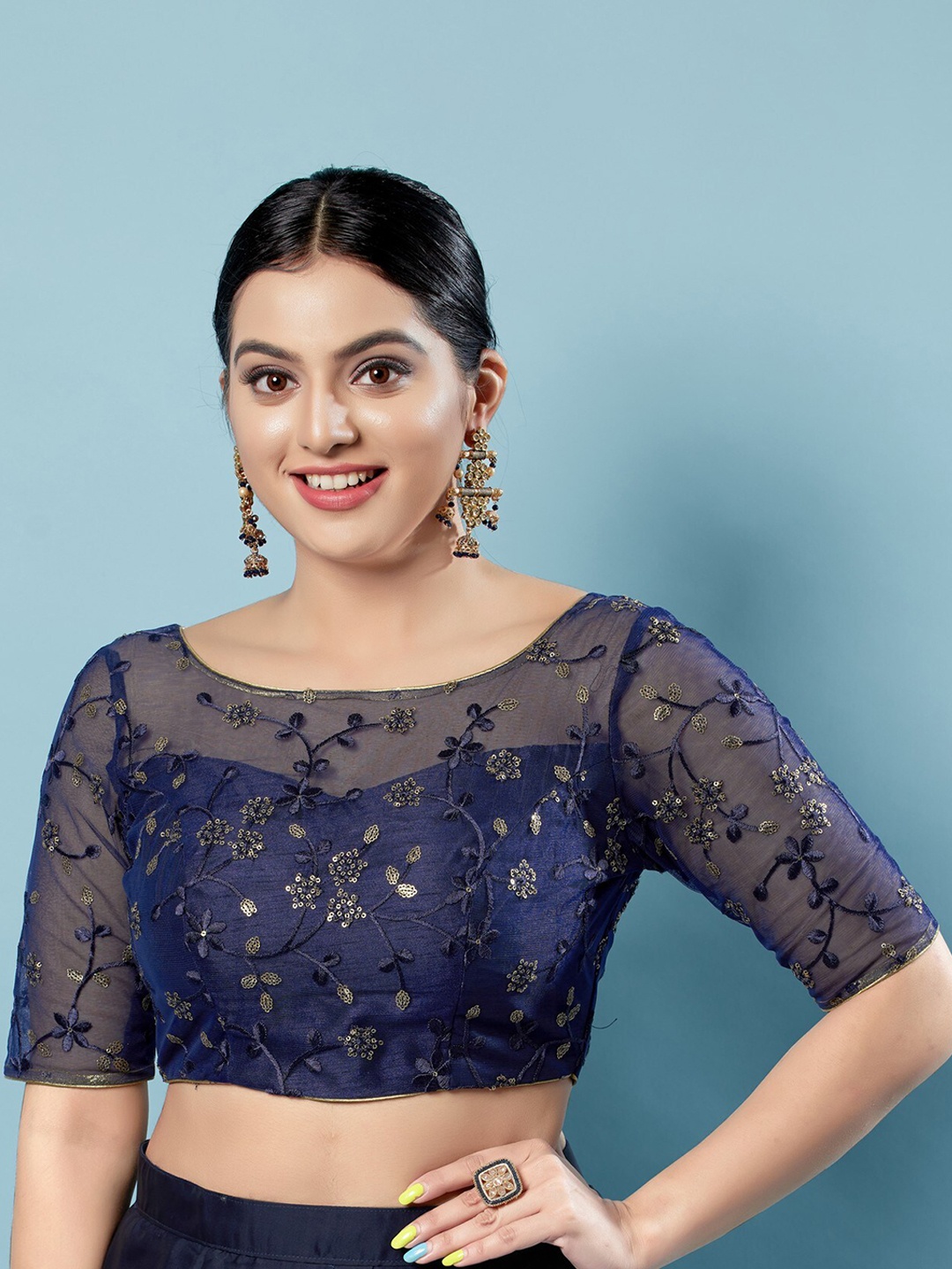 

SALWAR STUDIO Embroidered Sequined Tie Up Silk Saree Blouse, Navy blue