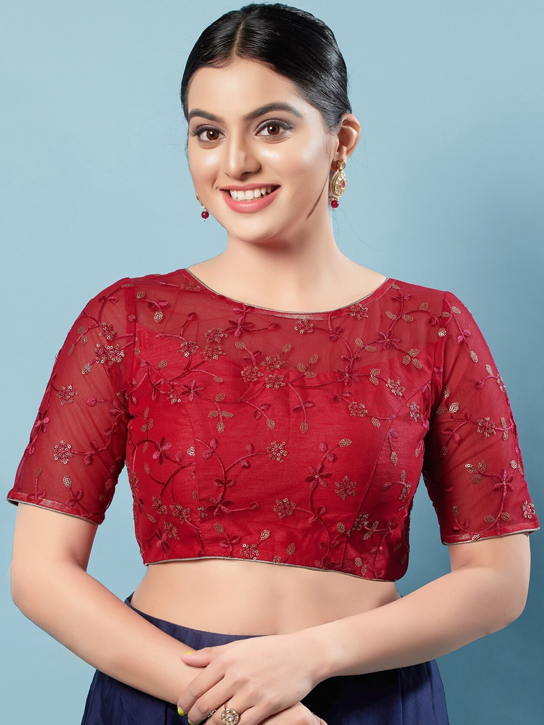 

SALWAR STUDIO Embroidered Sequined Silk Saree Blouse, Red