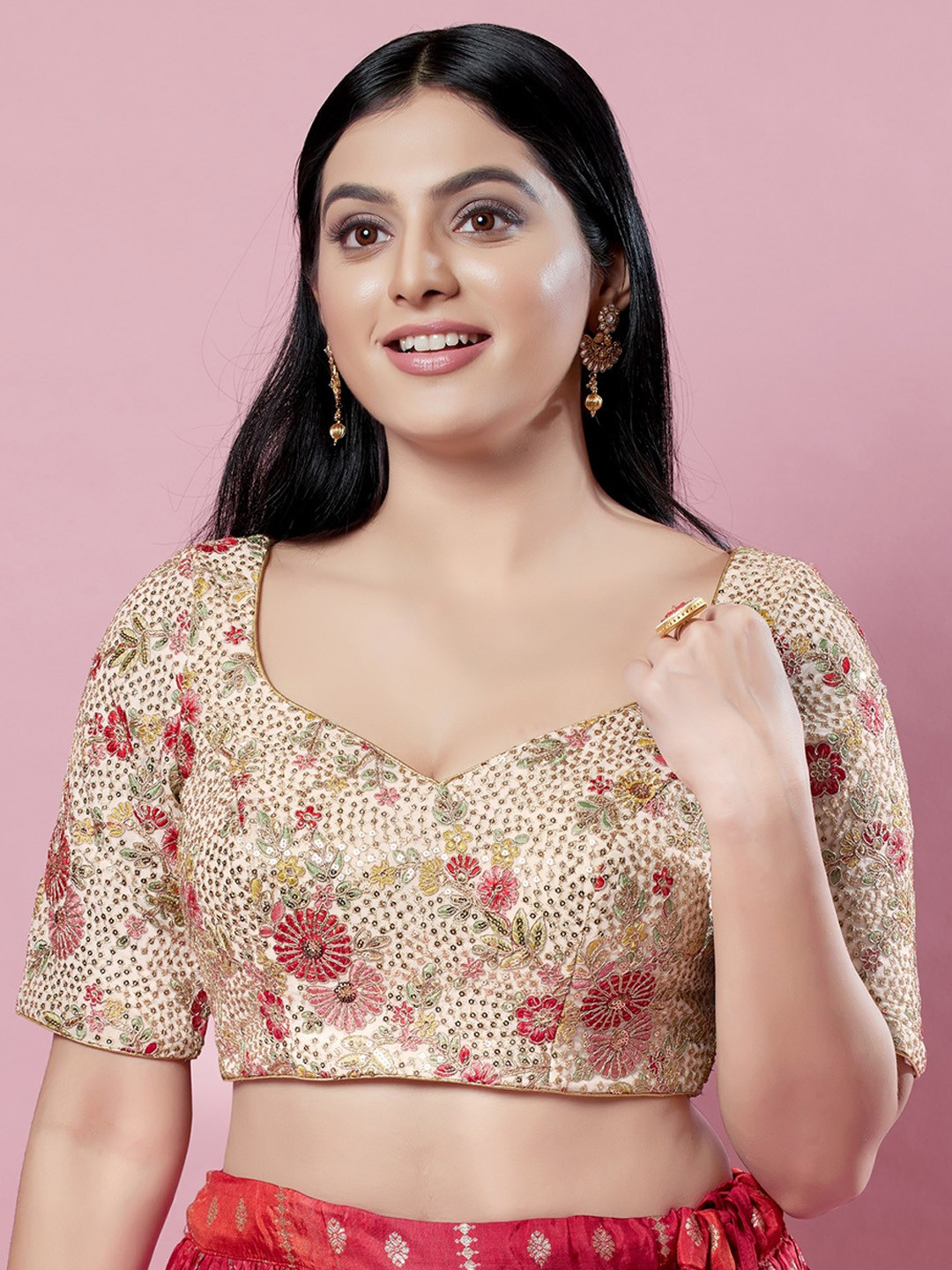 

SALWAR STUDIO Zari Embroidered Sweetheart Neck Sequined Tie Up Silk Saree Blouse, Off white