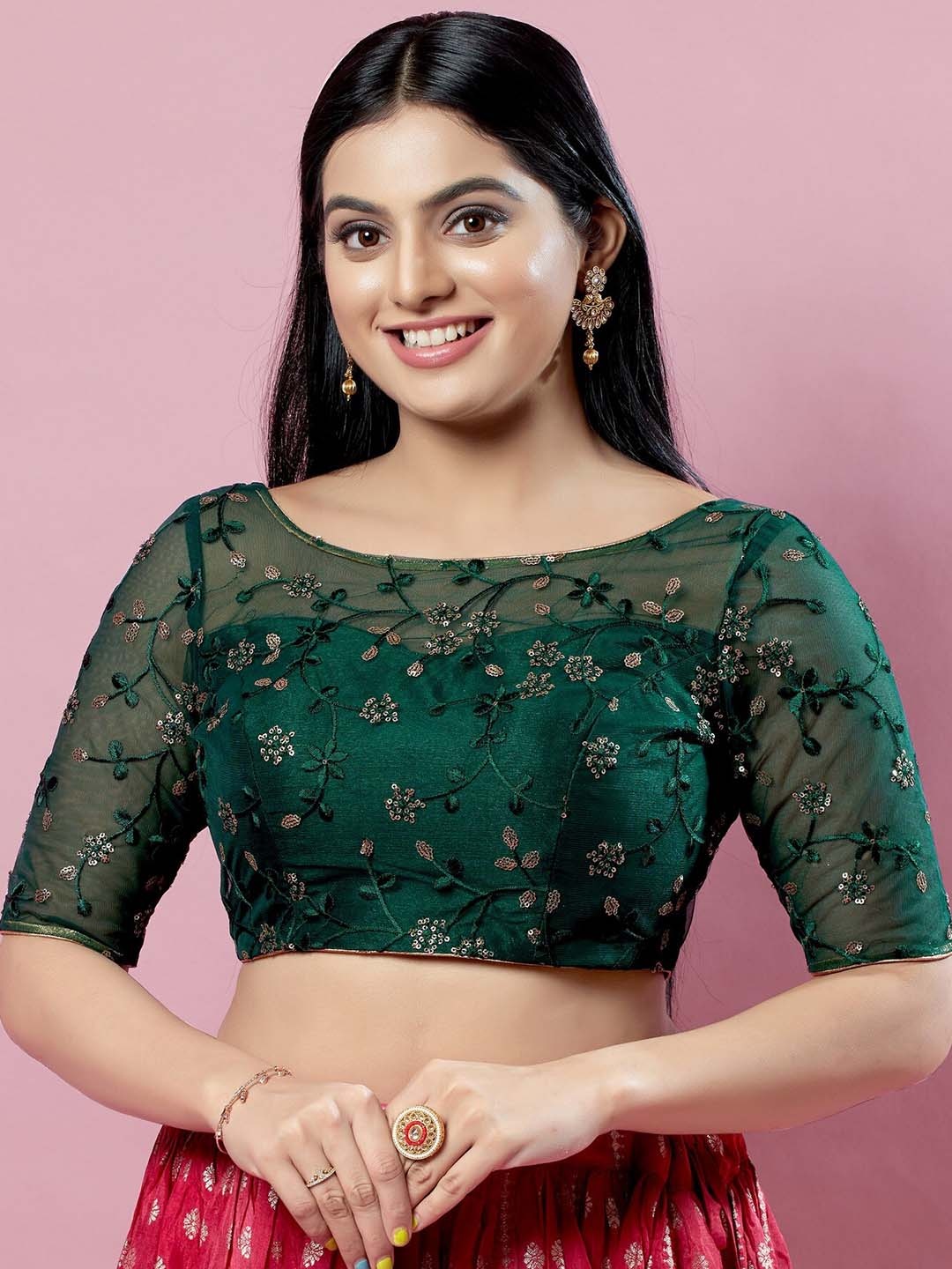 

SALWAR STUDIO Embroidered Sequined Tie Up Silk Saree Blouse, Green