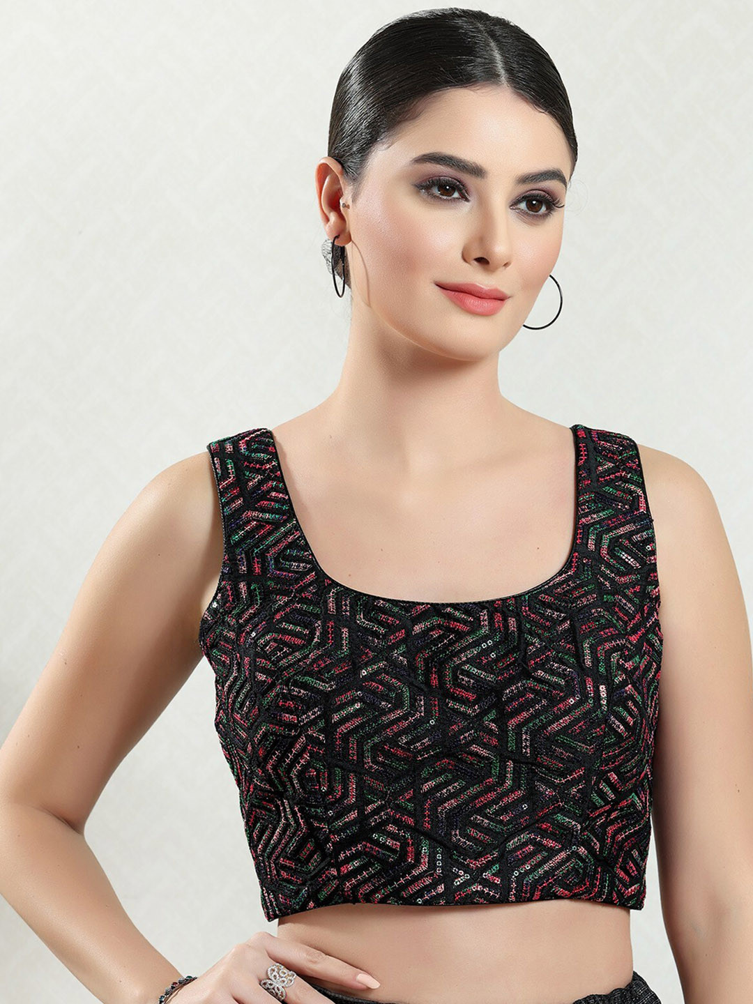 

SALWAR STUDIO Embroidered Sleeveless Brocade Tie Up Saree Blouse, Black