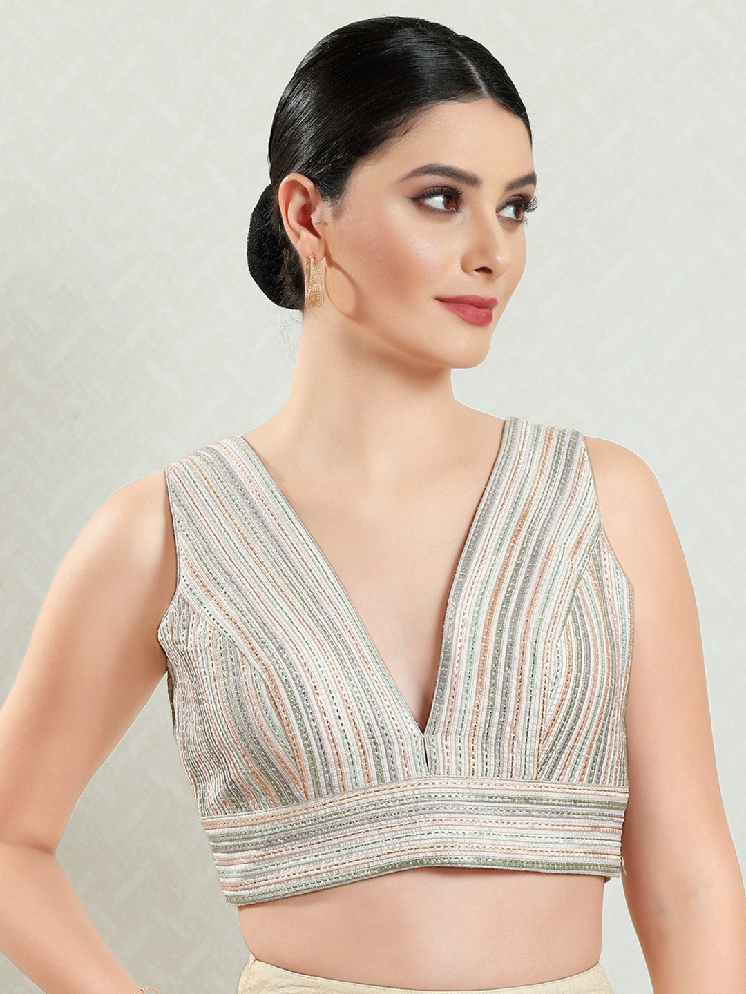 

SALWAR STUDIO Striped Sleeveless Zari Brocade Tie Up Saree Blouse, Beige
