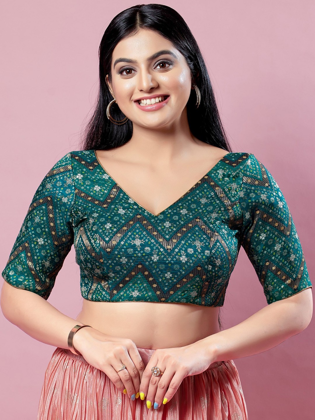 

SALWAR STUDIO Ethnic Motifs Woven Design Brocade Saree Blouse, Green