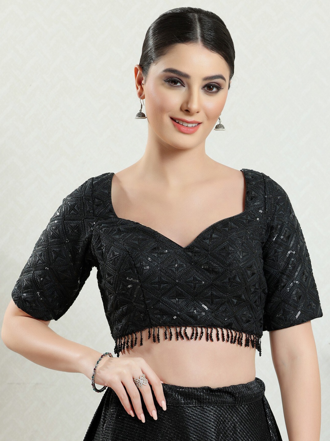 

SALWAR STUDIO Embellished Sequinned Silk Saree Blouse, Black