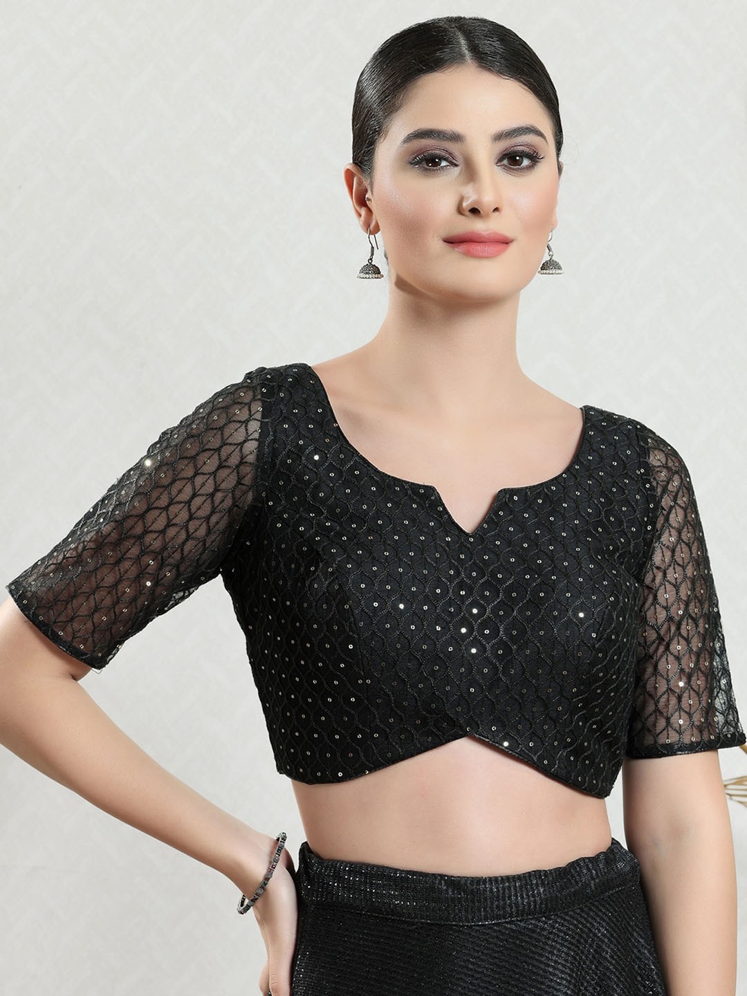 

SALWAR STUDIO Embroidered Sequined Silk Saree Blouse, Black