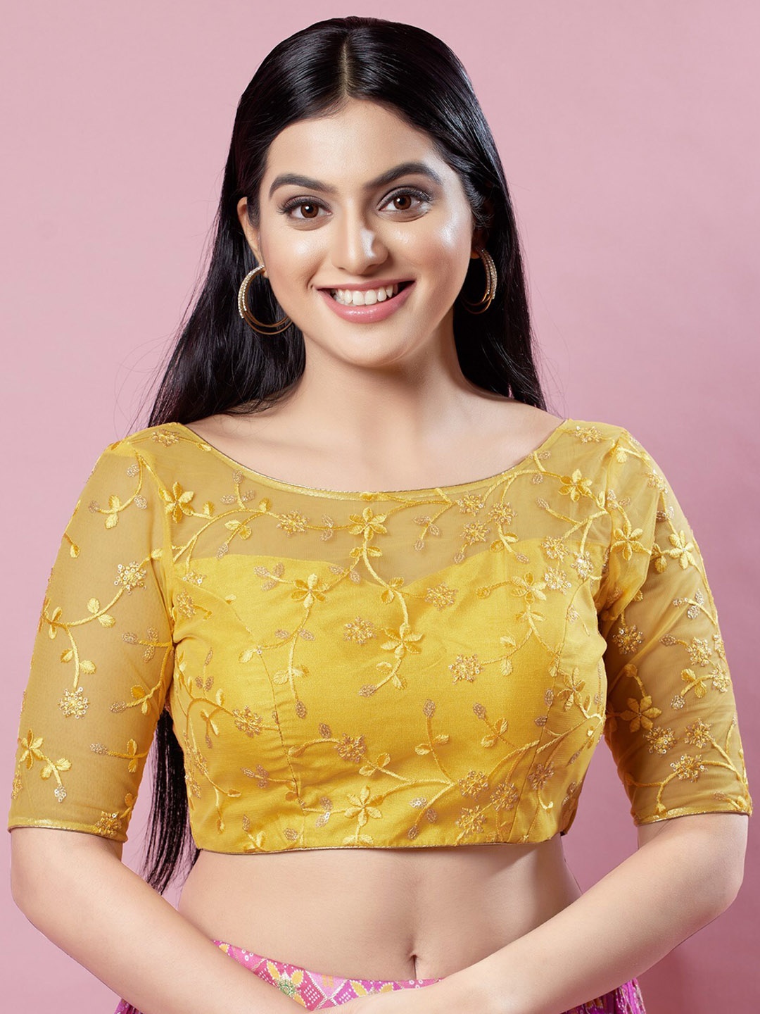 

SALWAR STUDIO Embroidered Thread Work Silk Saree Blouse, Yellow