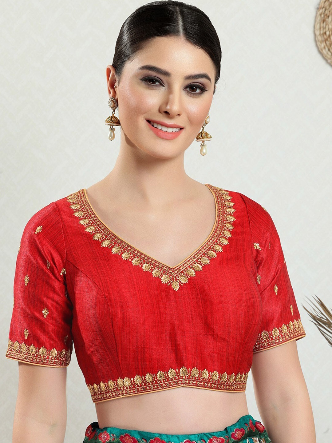 

SALWAR STUDIO Embroidered Thread Work Silk Saree Blouse, Red