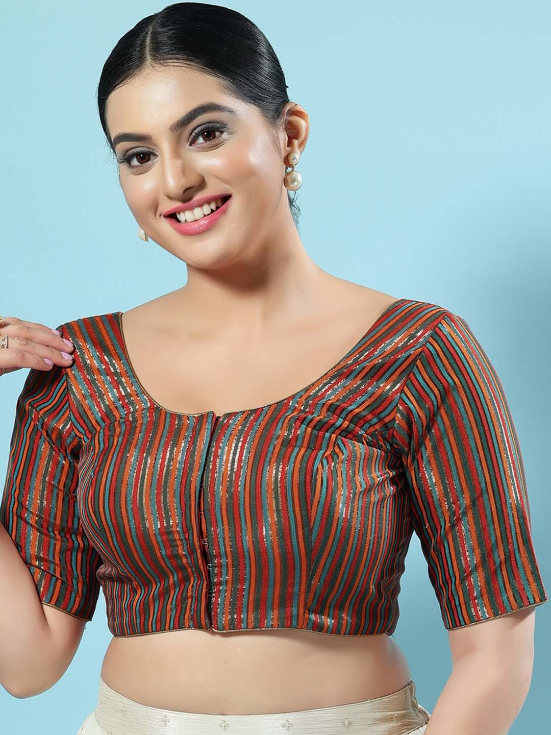 

SALWAR STUDIO Striped Woven Design Silk Saree Blouse, Green
