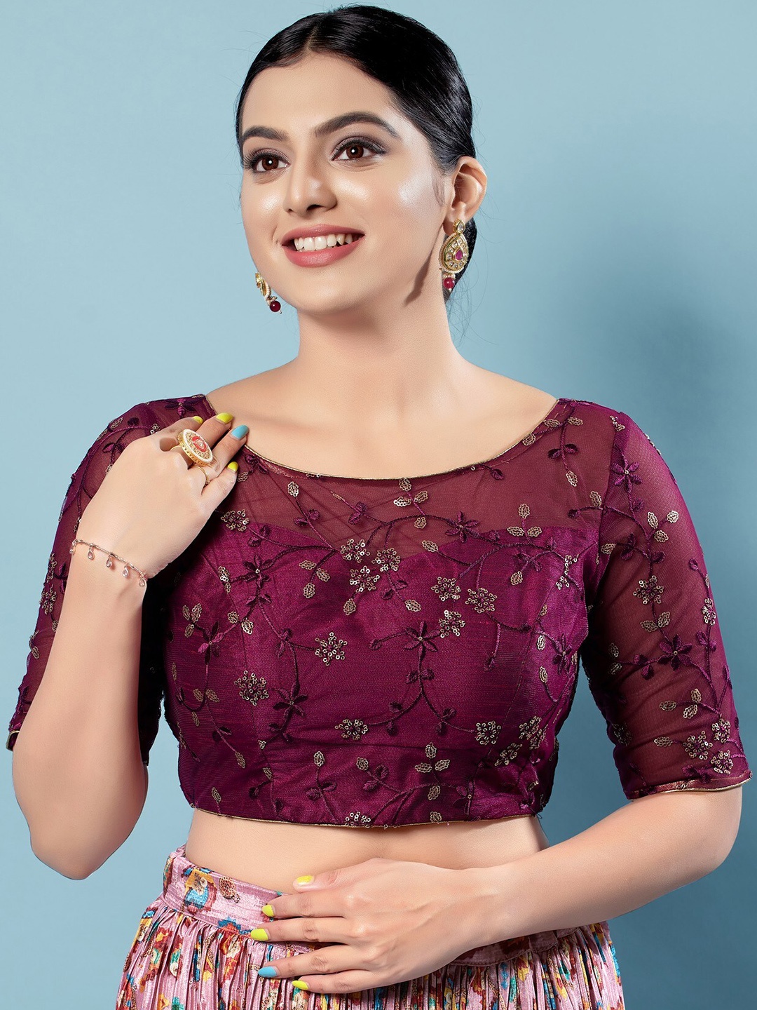 

SALWAR STUDIO Embroidered Silk Saree Blouse, Burgundy