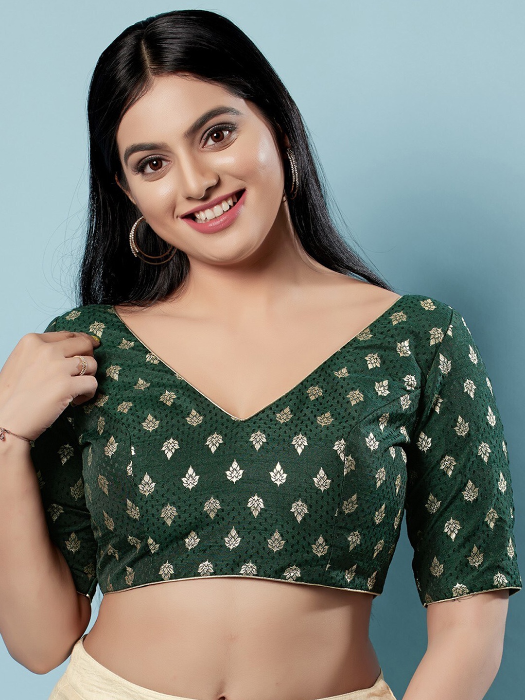 

SALWAR STUDIO Woven Design Brocade Saree Blouse, Green
