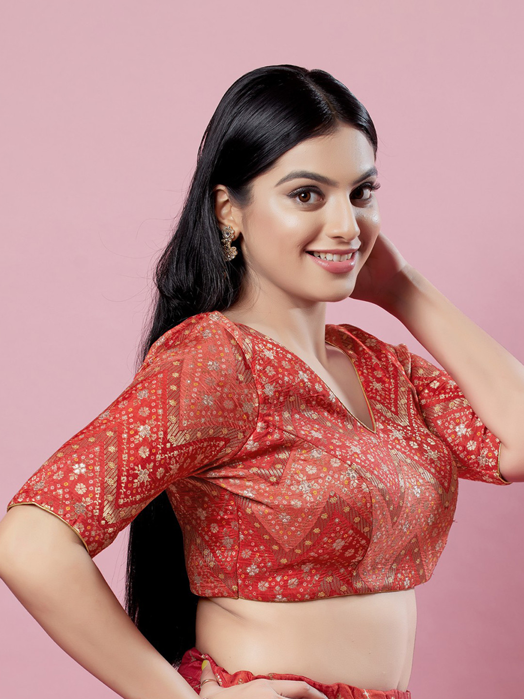 

SALWAR STUDIO Woven Design Padded Brocade Saree Blouse, Red