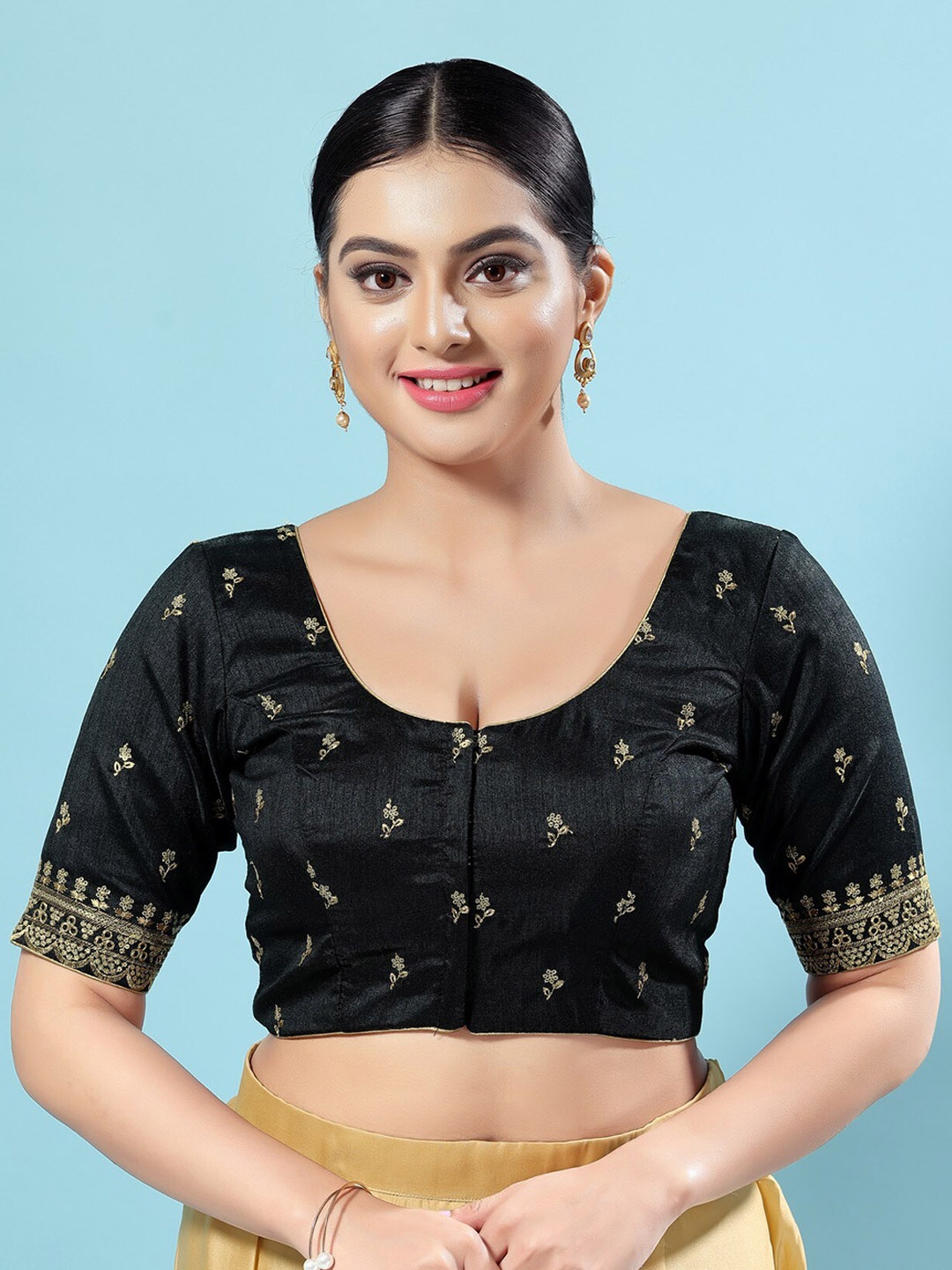 

SALWAR STUDIO Embroidered Silk Saree Blouse, Black