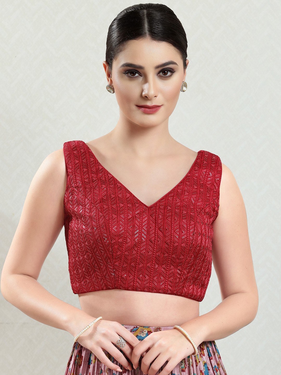 

SALWAR STUDIO Embroidered Sequinned Brocade Saree Blouse, Red