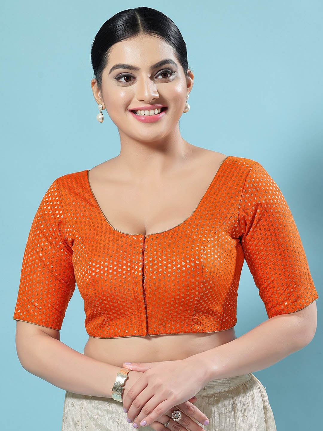 

SALWAR STUDIO Woven Design Brocade Saree Blouse, Orange