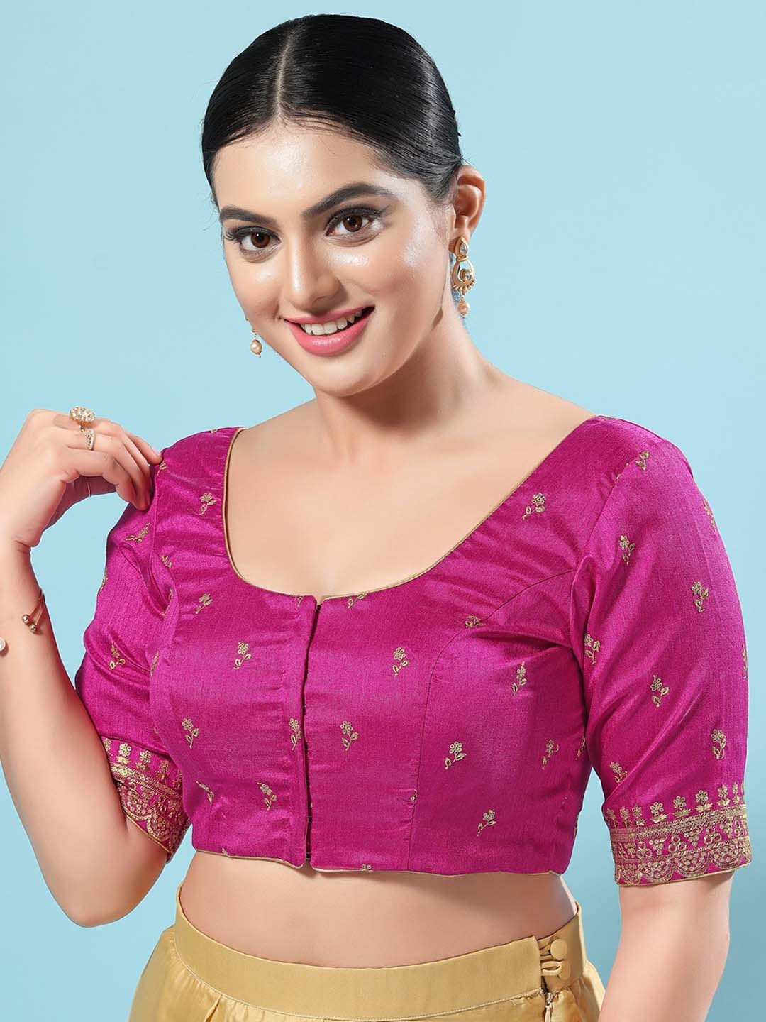 

SALWAR STUDIO Embroidered Silk Saree Blouse, Magenta
