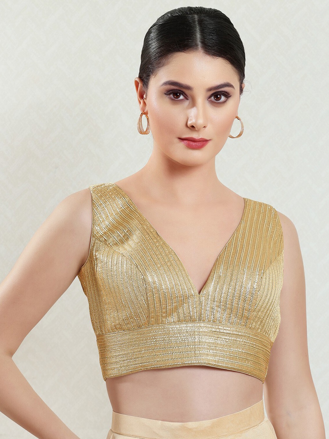 

SALWAR STUDIO Woven Design Padded Saree Blouse, Gold