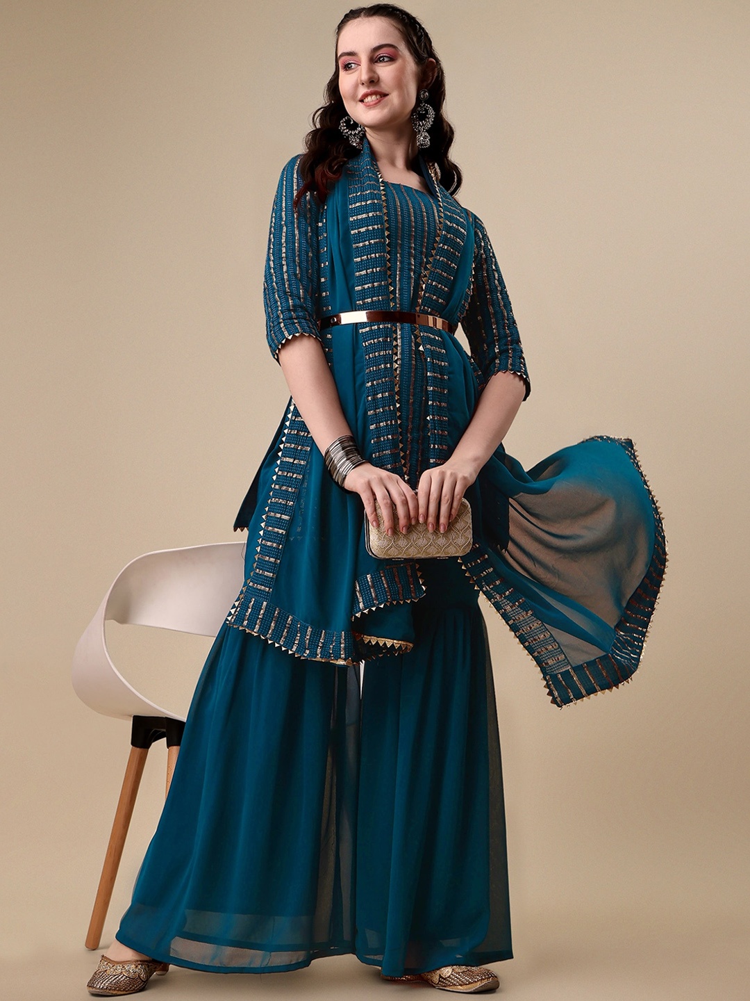 

KALINI Striped Round Neck Regular Sequinned Kurta With Sharara & Dupatta, Blue