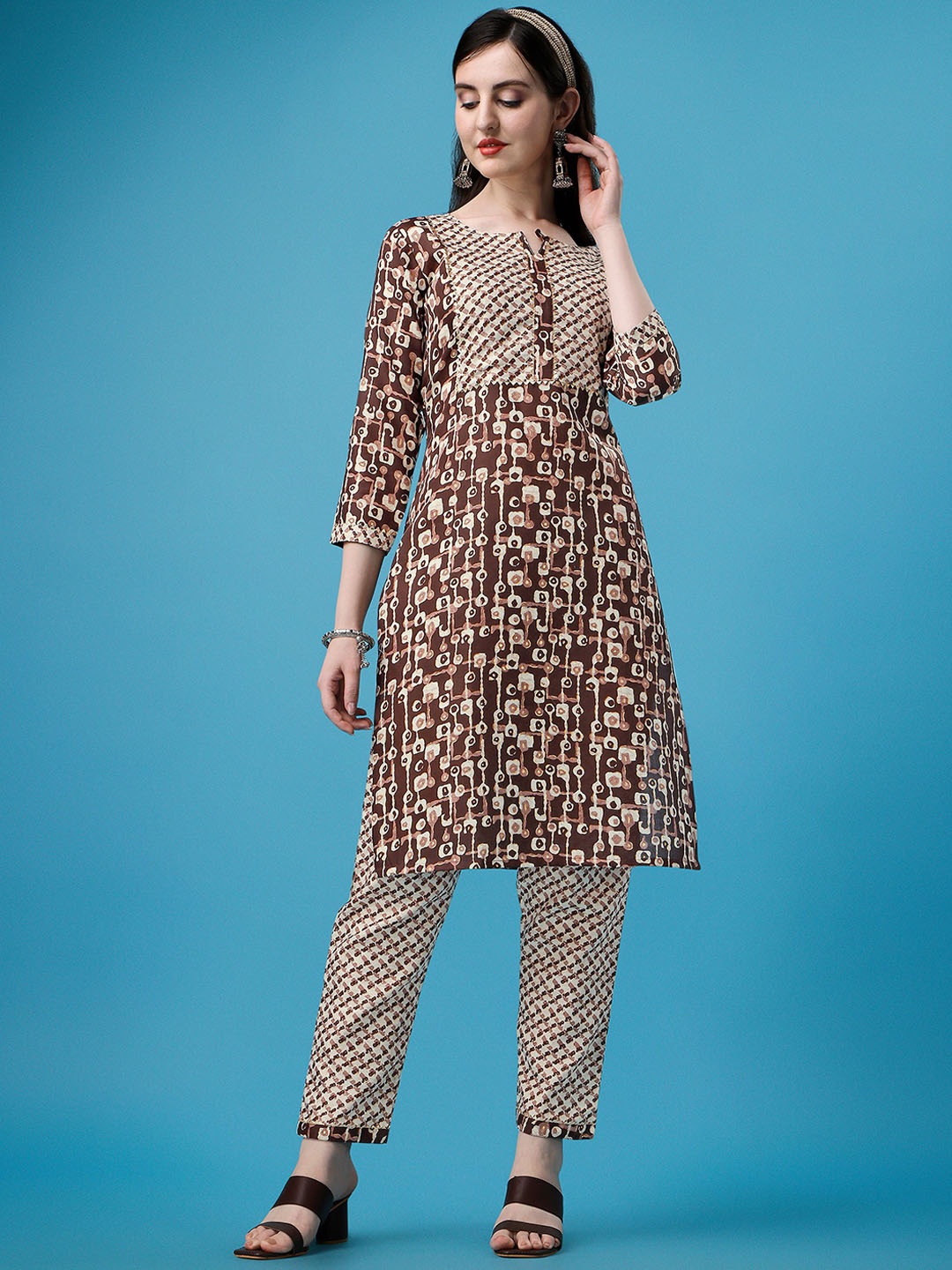 

KALINI Abstract Printed Regular Gotta Patti Kurta With Trousers, Coffee brown