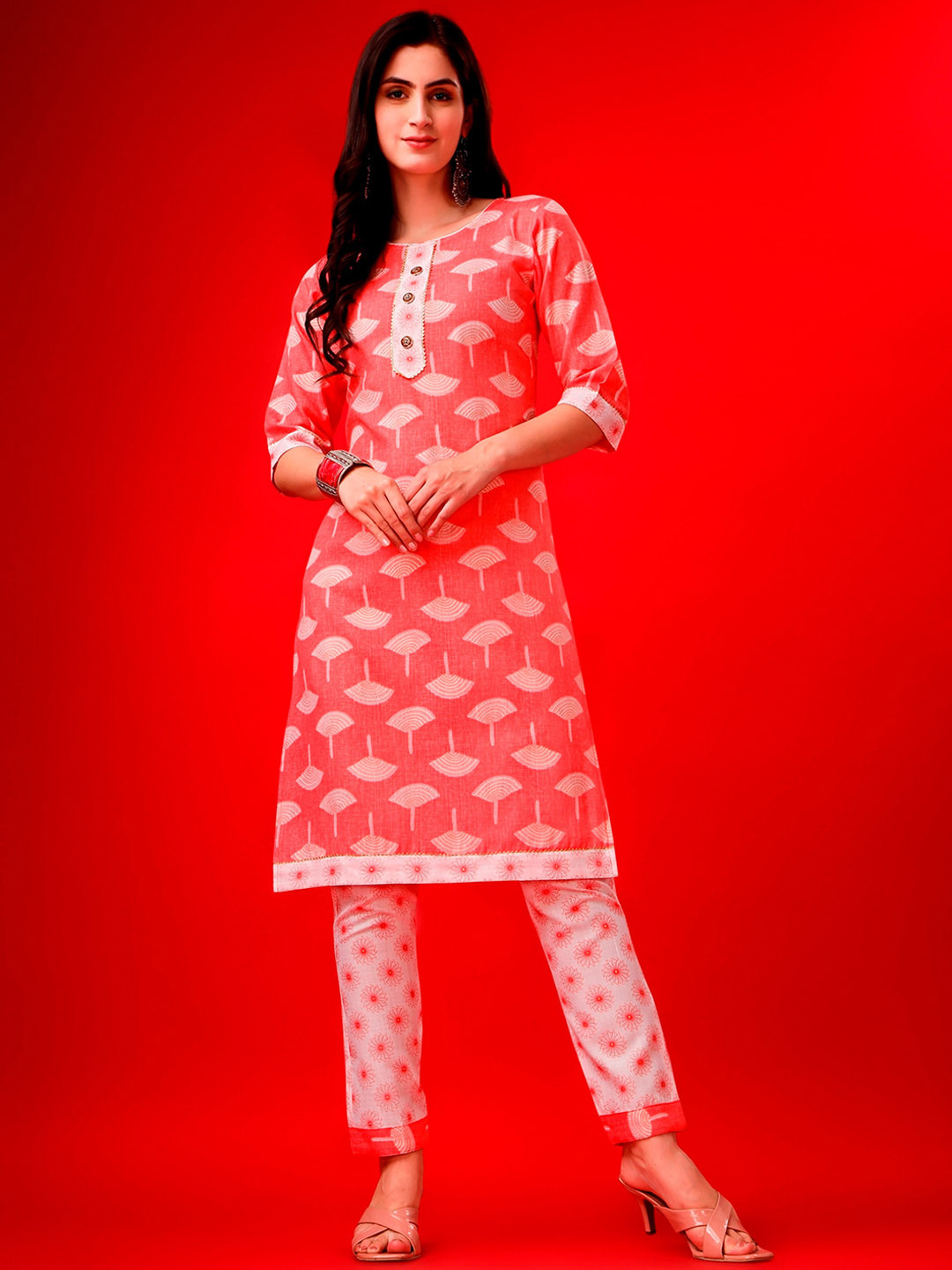 

KALINI Floral Printed Regular Gotta Patti Kurta With Trousers, Peach