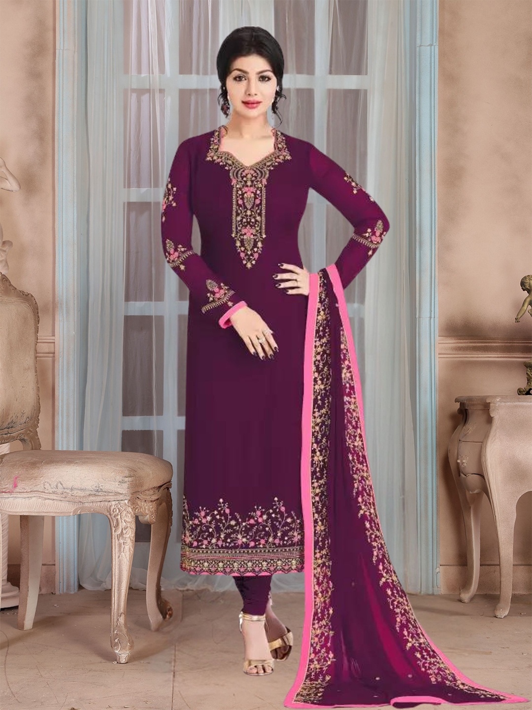 

KALINI Ethnic Motifs Embroidered Thread Work Detailed Semi-Stitched Dress Material, Purple