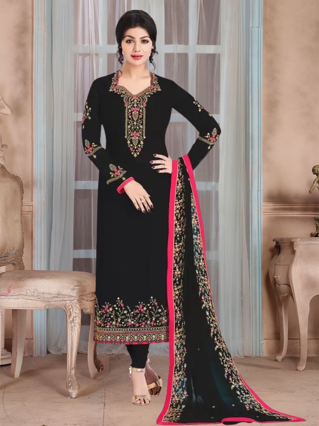 

KALINI Floral Embroidered Semi-Stitched Dress Material, Black