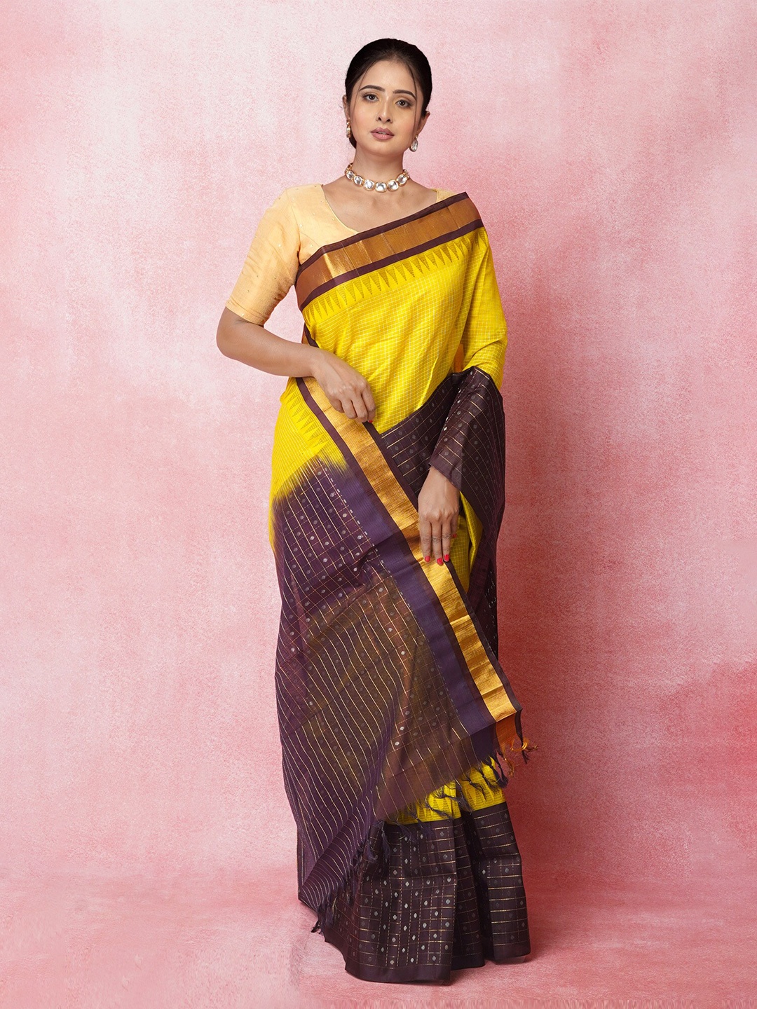 

Unnati Silks Checked Zari Pure Silk Kanjeevaram Saree, Yellow